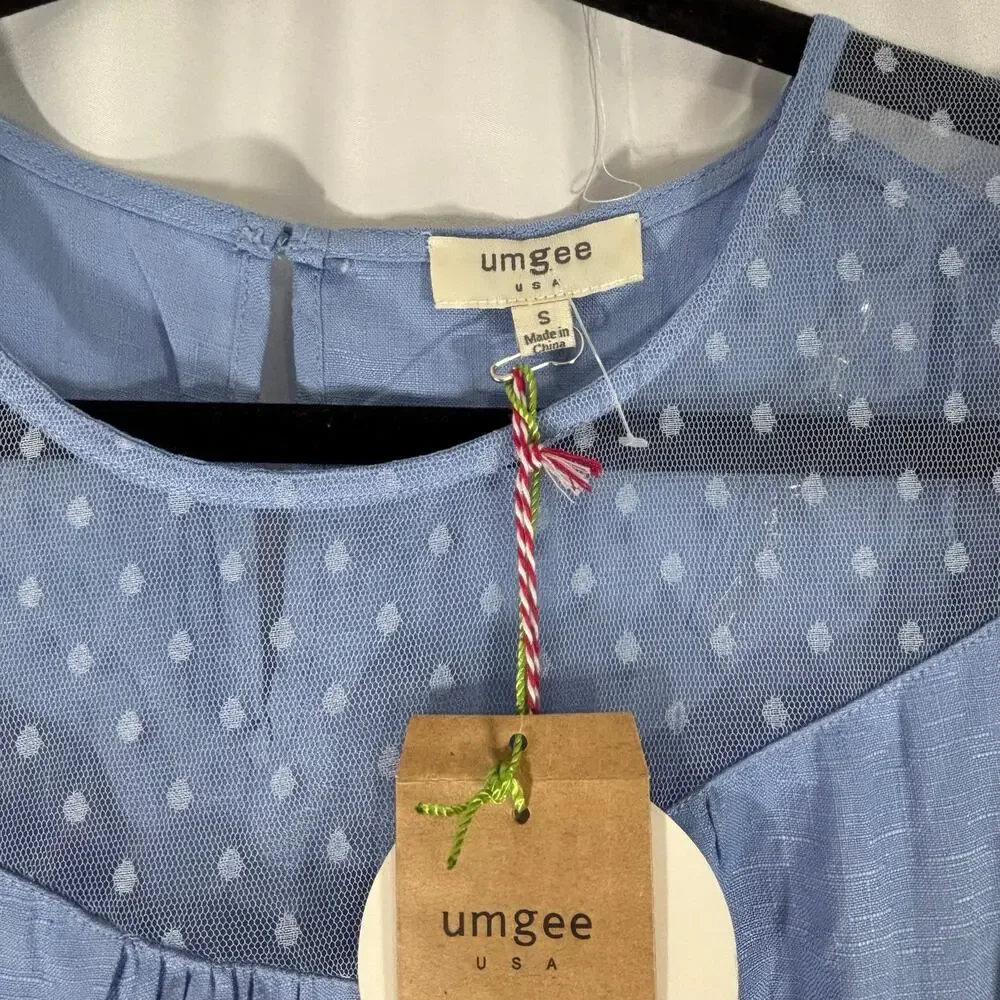 NWT Umgee Blue Floral Embroider Lace Collar Batwing Sleeve Boho Top Size Small - Picture 4 of 5